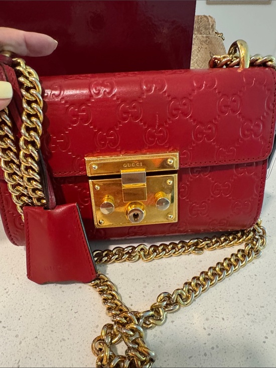 Gucci Handbags - Gucci Red Embossed Leather Crossbody with Gold Hardware